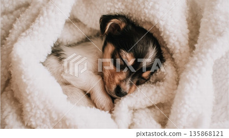 Adorable Sleeping Puppy Snuggled in Soft White Blanket for a Cozy Naptime Moment Adorable Sleeping Puppy Snuggled in Soft White Blanket for a Cozy Naptime Moment 135868121