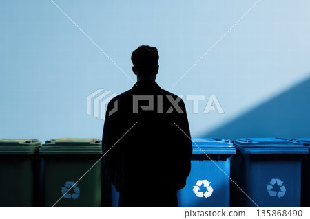 Silhouette Of Man Standing By Recycling Bins In Front Of Blue Wall 135868490