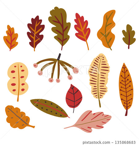 Set of decorative autumn leaves, abstract flat style 135868683