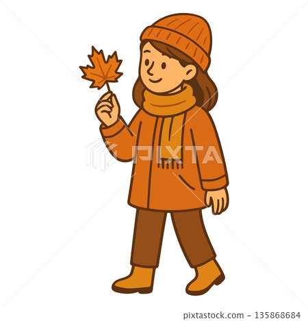 Autumn illustration of a girl in warm clothes holding a maple leaf 135868684