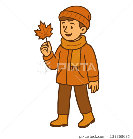 Autumn illustration of a boy in warm clothes holding a maple leaf Autumn illustration of a boy in warm clothes holding a maple leaf 135868685