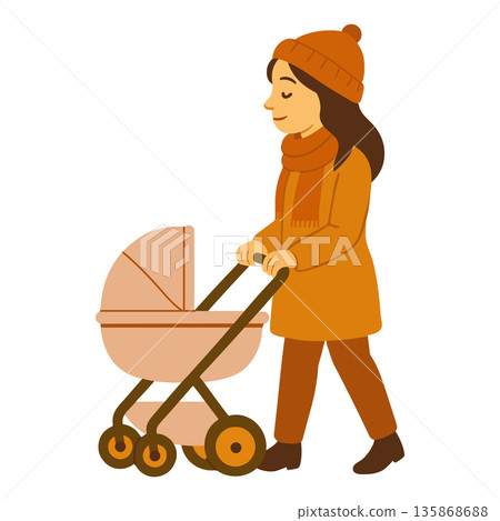Autumn illustration of a young mother walking with a baby stroller Autumn illustration of a young mother walking with a baby stroller 135868688