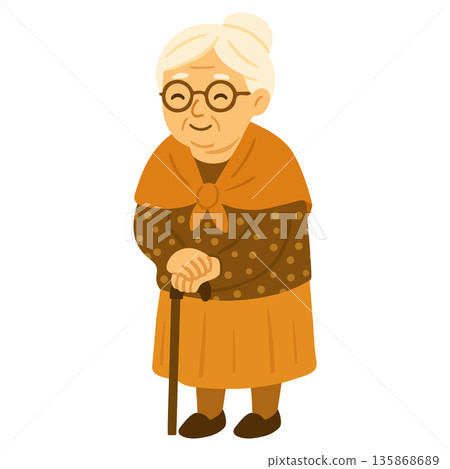 Autumn illustration of an elderly grandmother with glasses and cane Autumn illustration of an elderly grandmother with glasses and cane 135868689