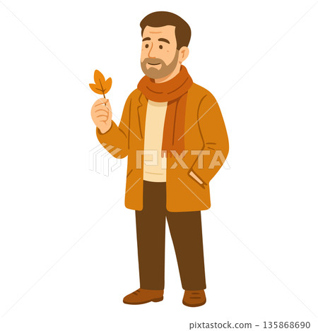 Autumn illustration of a man holding a leaf Autumn illustration of a man holding a leaf 135868690