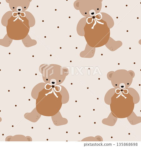 Cute bear baby toy pattern. Seamless kids background for graphic, apparel, wallpaper. Vector childish texture Cute bear baby toy pattern. Seamless kids background for graphic, apparel, wallpaper. Vector childish texture 135868698