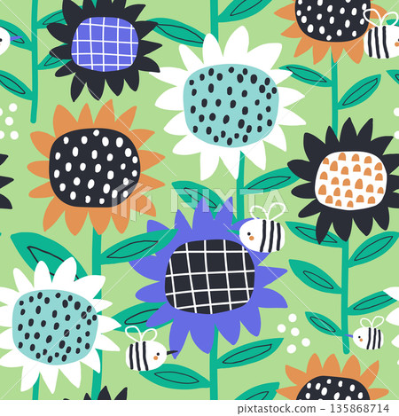 Seamless floral pattern with creative sunflowers. Botanical vector background 135868714
