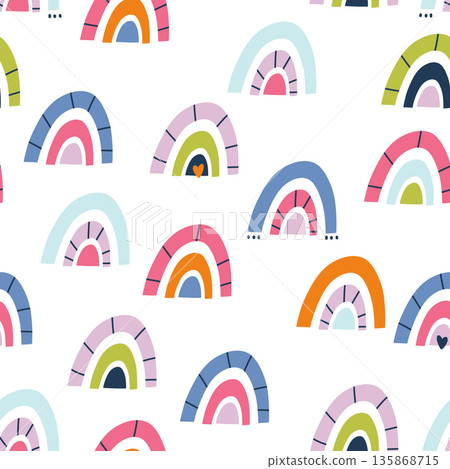 Childish seamless pattern with creative colorful rainbows. Trendy kids vector background. Childish seamless pattern with creative colorful rainbows. Trendy kids vector background. 135868715