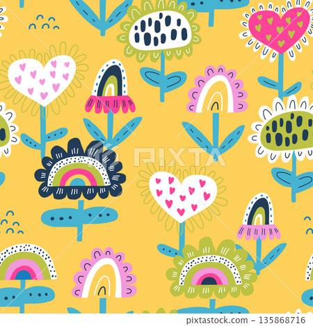 Seamless botanical texture with abstract flowers rainbows. Creative floral vector texture 135868716