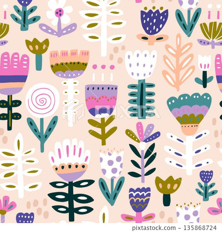 Seamless botanical texture with abstract flowers . Creative floral pastel vector texture Seamless botanical texture with abstract flowers . Creative floral pastel vector texture 135868724