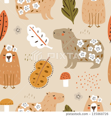 Seamless pattern with cartoon cute fall capybara animal. Autumn texture with funny animals amd fall leaves. Vector texture 135868726