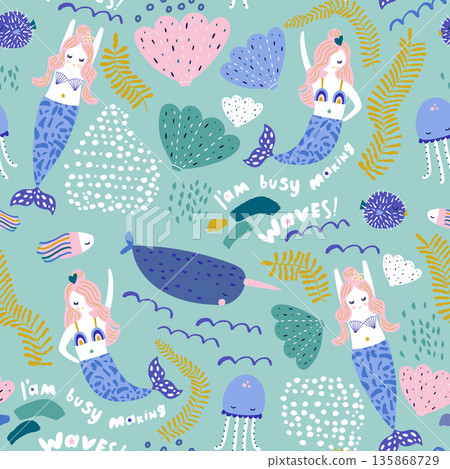 Childish seamless pattern with cute mermaids,whale, narval and undersea elements. Creative kids vector texture Childish seamless pattern with cute mermaids,whale, narval and undersea elements. Creative kids vector texture 135868729