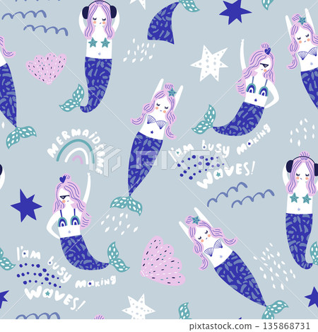 Childish seamless pattern with cute mermaids stars,shells and undersea elements. Creative kids vector texture Childish seamless pattern with cute mermaids stars,shells and undersea elements. Creative kids vector texture 135868731