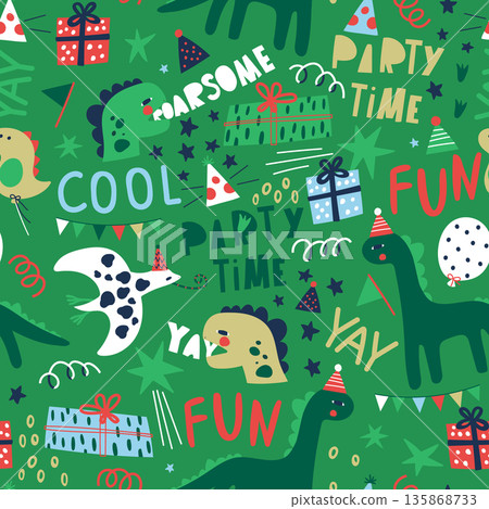Seamless pattern with funny celebrating dino, gift boxes, party elements. Decorative vector cartoon texture 135868733
