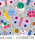 Childish seamless pattern with cute insects, bee, ladybug caterpillar,butterfly, spider. Creative kids vector polka dot texture 135868736