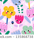 Seamless botanical texture with cute flowers characters . Creative floral childish vector texture 135868738