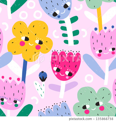Seamless botanical texture with cute flowers characters . Creative floral childish vector texture Seamless botanical texture with cute flowers characters . Creative floral childish vector texture 135868738