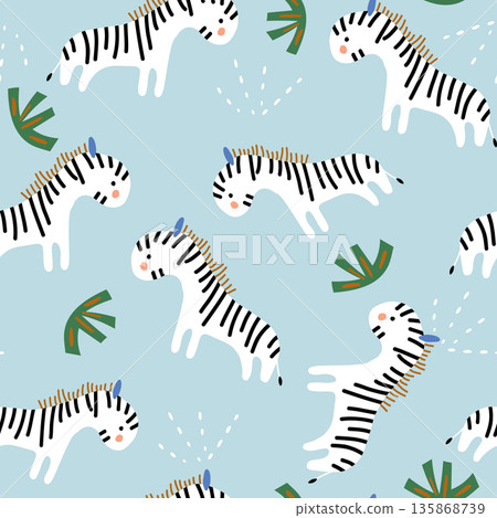 Seamless cartoon zebra pattern. Childish background vector texture 135868739