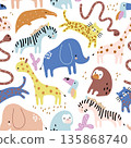 Cartoon jungle animals seamless pattern. Childish vector background with african and jungle animals 135868740