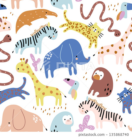 Cartoon jungle animals seamless pattern. Childish vector background with african and jungle animals 135868740