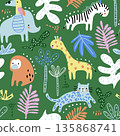 Cartoon jungle pattern with cute animals. Tropical vector childish background. 135868741