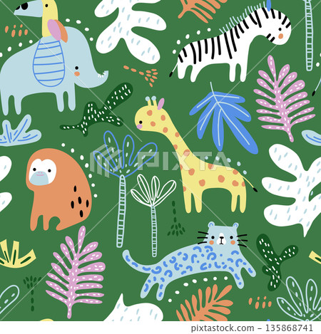 Cartoon jungle pattern with cute animals. Tropical vector childish background. 135868741