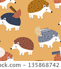 Seamless kids pattern with hedgehog and mushrooms . Woodland animal chidlsih background. Vector illustration. 135868742