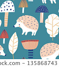 Seamless kids pattern with hedgehog , leaves and mushrooms . Woodland animal chidlsih background. Vector illustration. 135868743