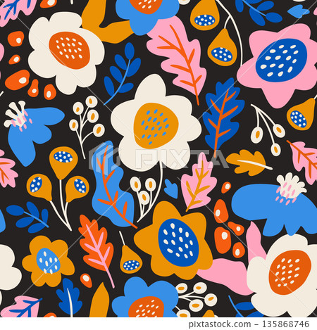 Seamless botanical texture with abstract flowers . Creative bold floral vector background. 135868746