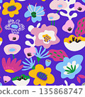Seamless botanical bright texture with abstract flowers . Creative bold floral vector background. 135868747