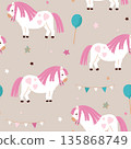 Seamless pattern with cute pony horse, stars, garlands and balloons. Childish vector pony texture. 135868749