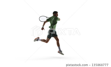 Tennis player running forehand motion isolated on white background. 135868777