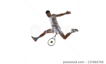 Tennis player airborne forehand hit isolated on white background. 135868788