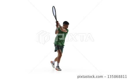 Tennis player backhand preparation stance isolated on white background. Tennis player backhand preparation stance isolated on white background. 135868811