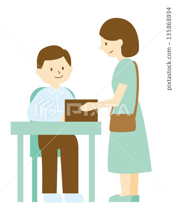 彩色插圖：一名男子麵帶微笑，與一名坐著的女子交談。 135868934