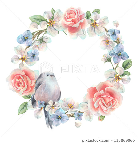 A wreath of apple blossom branches, roses, and forget-me-nots with a titmouse. Hand-drawn watercolor illustration. A round frame template for text, perfect for spring holidays and weddings. 135869060