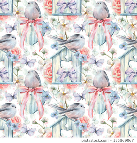 A watercolor drawing of a little titmouse with roses, apple blossoms, bows, and birdhouses. This seamless pattern is a hand-drawn design for Easter, Mother's Day, Valentine's Day, and weddings. A watercolor drawing of a little titmouse with roses, apple blossoms, bows, and birdhouses. This seamless pattern is a hand-drawn design for Easter, Mother's Day, Valentine's Day, and weddings. 135869067