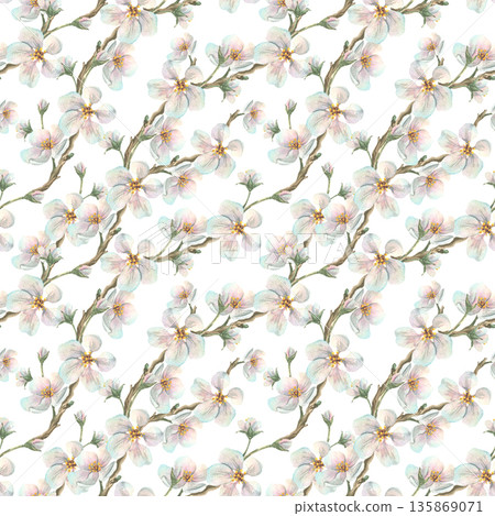 Blooming apple tree branches, painted in watercolor. This seamless spring pattern, based on a hand-drawn botanical illustration, is perfect for spring holiday or wedding designs. Blooming apple tree branches, painted in watercolor. This seamless spring pattern, based on a hand-drawn botanical illustration, is perfect for spring holiday or wedding designs. 135869071