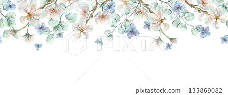 Watercolor illustration of apple blossoms and eucalyptus leaves. Hand-drawn seamless border pattern. Delicate pink petals for a greeting card, Mother's Day, or spring frame. Watercolor illustration of apple blossoms and eucalyptus leaves. Hand-drawn seamless border pattern. Delicate pink petals for a greeting card, Mother's Day, or spring frame. 135869082