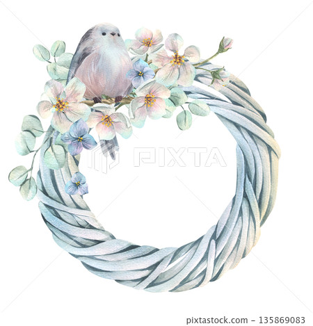 A white vine wreath featuring a long-tailed tit among apple blossoms and hydrangea. A delicate hand-painted watercolor illustration. A round frame for text and spring wedding and holiday designs. A white vine wreath featuring a long-tailed tit among apple blossoms and hydrangea. A delicate hand-painted watercolor illustration. A round frame for text and spring wedding and holiday designs. 135869083