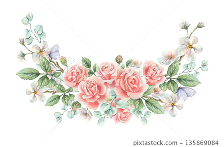 A watercolor floral arrangement with pink roses, white apple blossoms, green leaves, and butterflies. This hand-drawn illustration is perfect for Mother's Day, Valentine's Day, and March 8th. A watercolor floral arrangement with pink roses, white apple blossoms, green leaves, and butterflies. This hand-drawn illustration is perfect for Mother's Day, Valentine's Day, and March 8th. 135869084