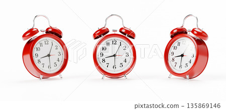 Red Alarm Clock Set Isolated on White Background, Classic Retro Desk Clocks Showing Time Red Alarm Clock Set Isolated on White Background, Classic Retro Desk Clocks Showing Time 135869146