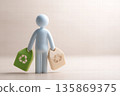 Stylized Blue Figure Holding Green And Beige Recycling Bags Emphasizing Sustainability And Eco Friendly Living 135869375