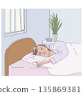 Illustration of a woman waking up in her bed in the faint morning sun Illustration of a woman waking up in her bed in the faint morning sun 135869381