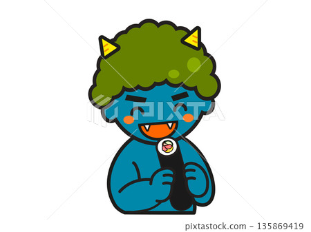 A cute blue demon character eating a whole ehomaki on Setsubun. Traditional event. Seasonal material. 135869419