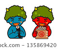 A cute blue demon eating a whole ehomaki on Setsubun and a cute person eating beans in a Setsubun box. Traditional event. Seasonal material. 135869420