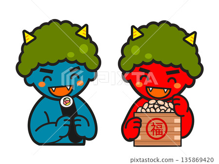 A cute blue demon eating a whole ehomaki on Setsubun and a cute person eating beans in a Setsubun box. Traditional event. Seasonal material. A cute blue demon eating a whole ehomaki on Setsubun and a cute person eating beans in a Setsubun box. Traditional event. Seasonal material. 135869420