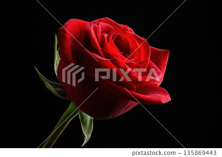 Red Rose On Black Background, Close-Up Bloom, Symbol Of Love And Romance 135869443