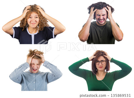 Diverse stressed people showing distress emotion, clutching their heads and messing hair in frustration and anxiety isolated on white background. Intense stress, headaches, and emotional struggle 135869531
