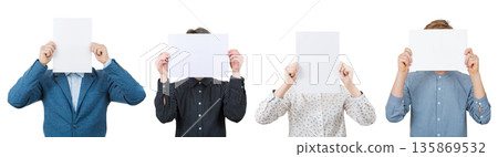 Multiple business persons holding blank white sheets of paper over their face to remain anonymous. Diverse people covering their head, like a mask for hiding identity, isolated on white background 135869532