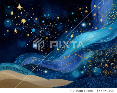 Enchanting celestial night sky with glowing constellations and swirling blue aurora 135869590